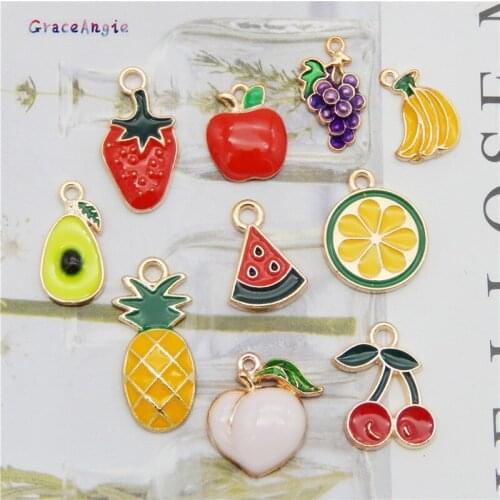 10pcs mix Fruit Apple Strawberry Pear Banana Grape Charms jewelry pendant for earrings Avocado Alloy Enamel For Bracelet Gift