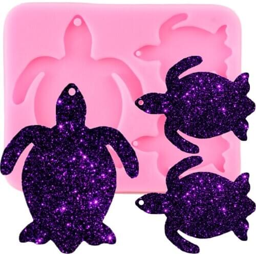 Shiny Turtle Family Keychains Mold Clay DIY Tortoise Mom Baby Jewelry Making Glitter Epoxy Key Chain Silicone Moulds