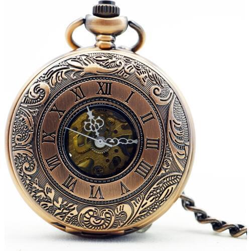 Classic Retro Nostalgia GreenBronze Roman Hollow Carved Mechanical Pocket Watch Mens Ladies Watch Gift Memorial Watch