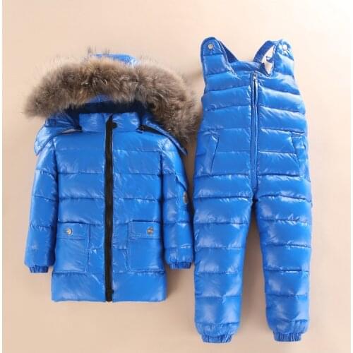 Childrens down jacket suit men and women baby winter thickening bib two-piece large fur collar ski suit tide