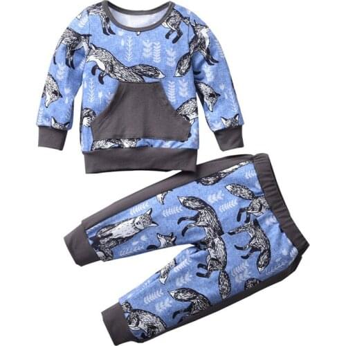 2021 New Baby Child Boys Sweat Suit Cartoon Fox Print Tops and Pants Kids Autumn Clothes Set 18M-6Y