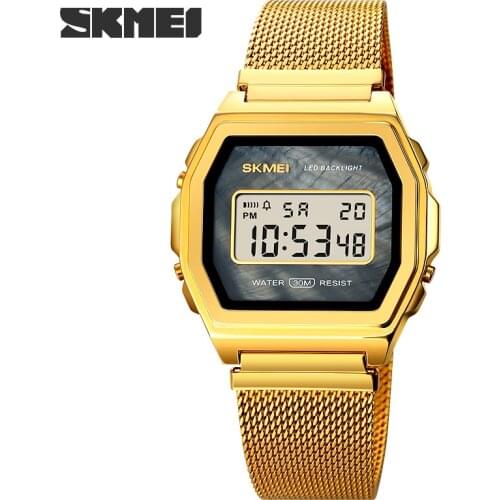 Men LED Digital Watch Casual Sports Wristwatch 2Time 5 Alarm 3ATM Waterproof Stainless Steel Strap Backlight Reloj Hombre SKMEI