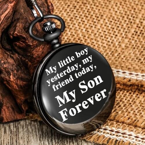 Hot Sale My Son Forever Pattern Personality Pocket Watch Black Flip Cover White Numeral Dial Chain Pendant Quartz Durable Clock
