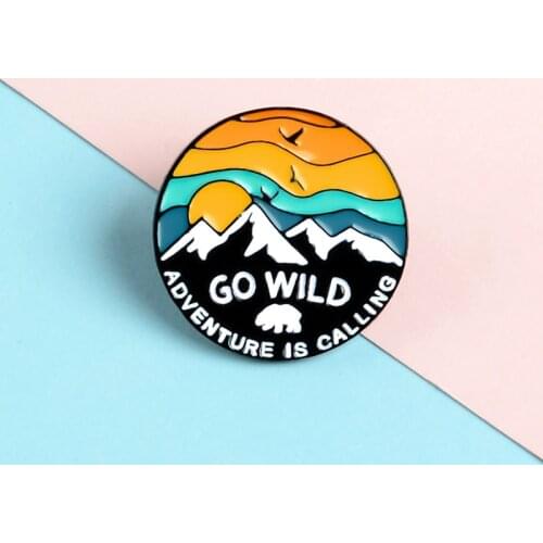 Round Landscape Painting Lapel Enamel Pins GO WILD Mountain Bear Bird Brooches Badges Clothes Bag Pins Jewelry Gifts For friends