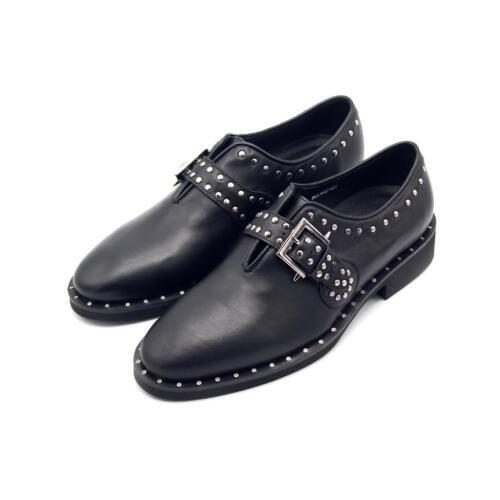 High top handmade monk straps black loafers men shoes rivet genuine leather slip on party Punk shoes for men