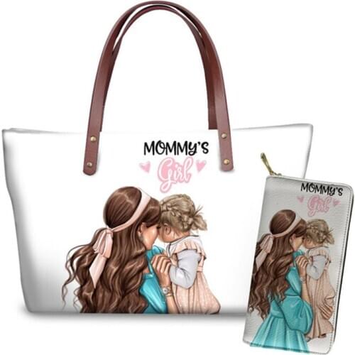 ELVISWORDS Luxury Design Women Handbags&Wallet Set Super Mom Print Shoulder Bags Fashion White Handbag Female Purse Bolsa Mujer