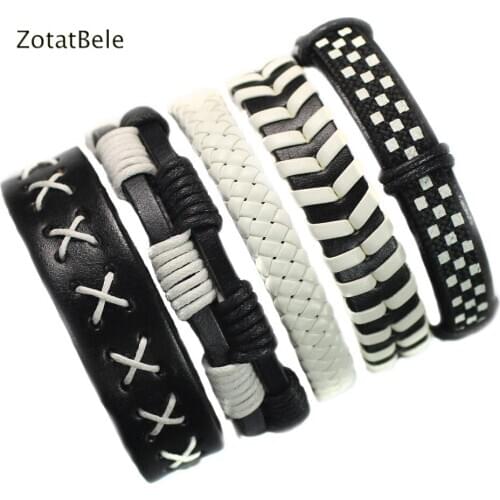 New 5Pcs/Set Vintage Casual Leather Bracelets Charm Multilayer Braid Wrap Black&White Bangle Male Rope Chain F20
