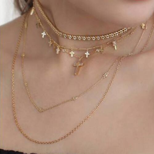 BK New Simple Necklace Multi Layer Clavicle Necklace for Women Sexy Vintage Pendant Cross Choker Jewelry Gifts