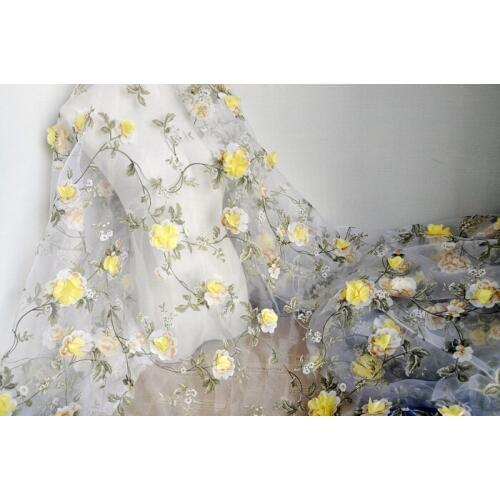One meter High quality Organza fabric Yellow 3D CHIFFON FLOWER fabric for dress Decorative fabric for skirt tissu