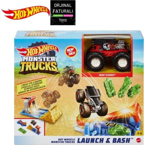 Hot Wheels Monster Trucks Launch Bash Play Set 4 Crushed Cars 1:64 GVK08 Great Birthday Gift Toys Play Set Car Track Model