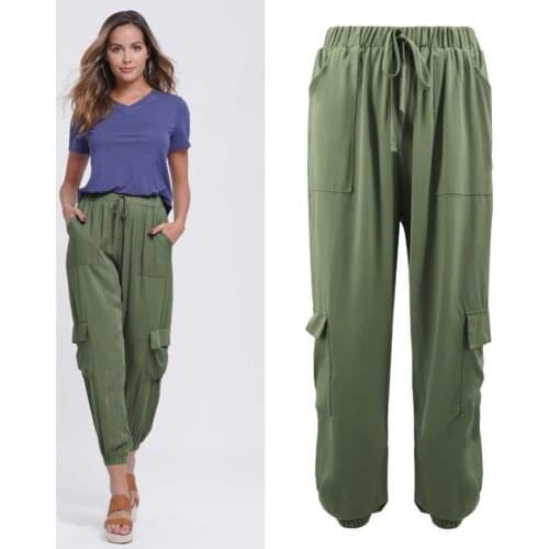 2019 Autumn Elastic Waist Casual Women Pants Soft Loose-fit Long Pants Multi-Pockets Plus Size Trousers