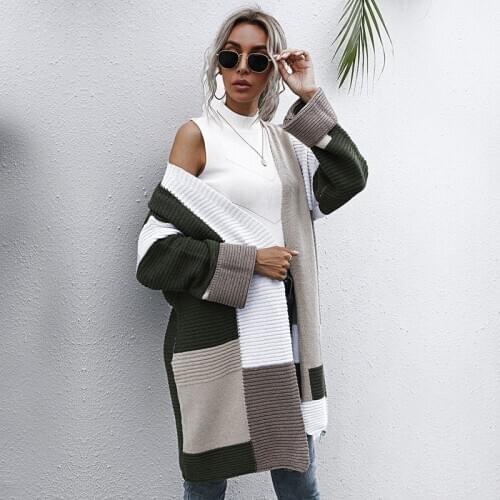 Oversize Cardigans Sweater Women Casual Patchwork Color Autumn Winter Thick Warm Knitted Sweater Coat For Women 2021 New Fashion