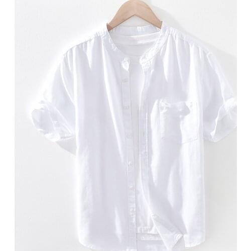 Short Sleeve Shirt for Men Summer New Cotton Linen Stand Collar Tops Male Casual Pocket Decoration Button Solid White Hemp Shirt