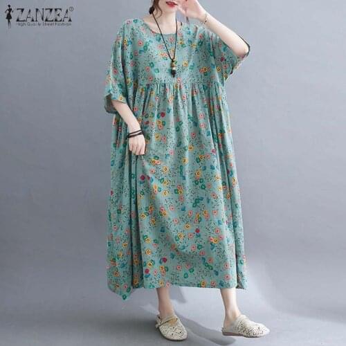 Womens Printed Sundress ZANZEA 2021 Kaftan Floral Maxi Dress Summer Casual Vestidos Female O Neck Pleated Robe Oversized 5XL