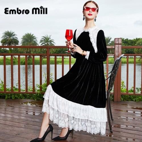 Silk Velvet Spliced Lace Lapel Long Sleeve Womens Autumn And Winter New Street Style Loose Mid-Length Lady A-line Dress S-XL