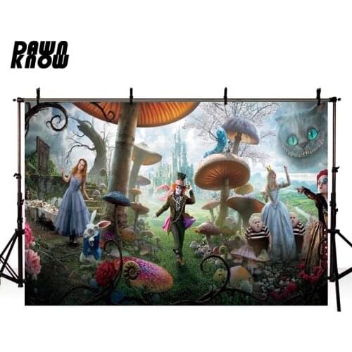 DAWNKNOW Cartoon Vinyl Photography Background Alice in Wonderland Polyester Backdrops For Children Photo Studio Props G064