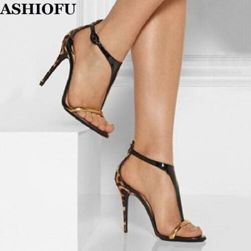ASHIOFU New Sexy Ladies High Heel Sandals T-strap Leopard Patchwork Party Club Shoes Evening Dance Fashion Stiletto Sandals