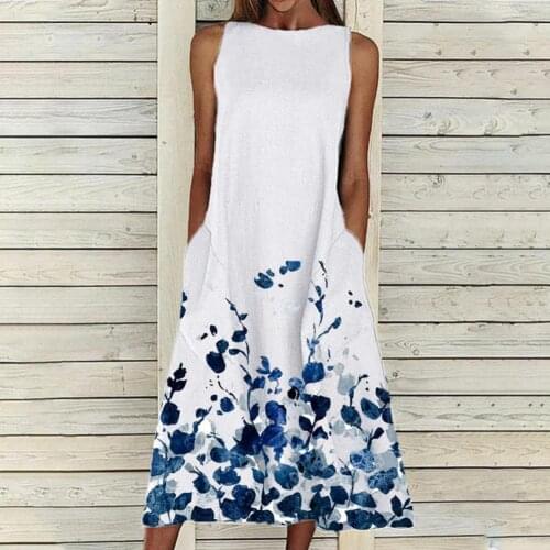 Summer Long Dress O Neck Sleeveless Womens Dress 2021 Floral Printed Loose Pocket Ladies Mini Casual Loose Dresses