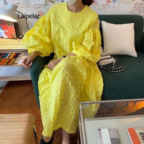 Soft Yellow Folds Dress Womens Spring 2021 New Round Neck Loose Long Lantern Sleeve Large Swing Mid-calf