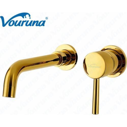 VOURUNA Golden Wall Mount Bathroom Faucet Mixer Taps Concealed Basin Set Solid Brass