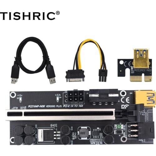 100Pcs TISHRIC Upgraded VER009s Plus PCI-E PCIE Riser Card Ver 009S SATA 15Pin to 6pin USB 3.0 Adapter For BTC Mining Miner