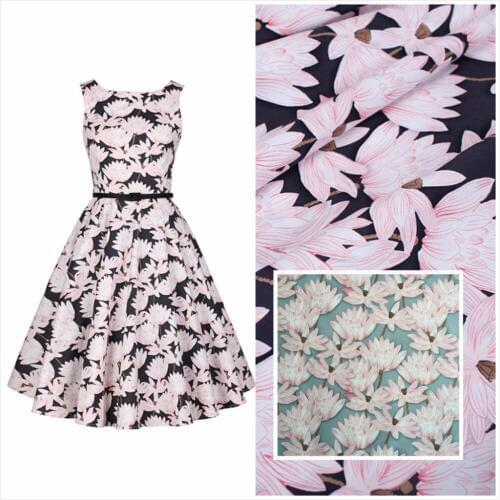 140*100cm Retro light grey black lotus pond lotus Lotus flower print dress Patchwork Cotton Fabric tissus