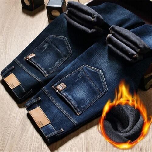 2020 Winter Jeans Mens Slim Fit Thick Velvet Pants Warm Men Skinny Cowboy Classic Casual Denim Fleece Trousers Male Blue,010