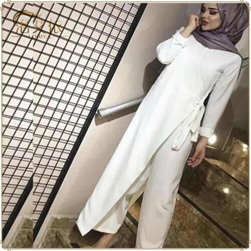 2021 Solid Color Long Waist Jumpsuit with Elegant Long Skirt Muslim Clothes Sets Abaya Dress Middle East Islamic Clothing Robe L