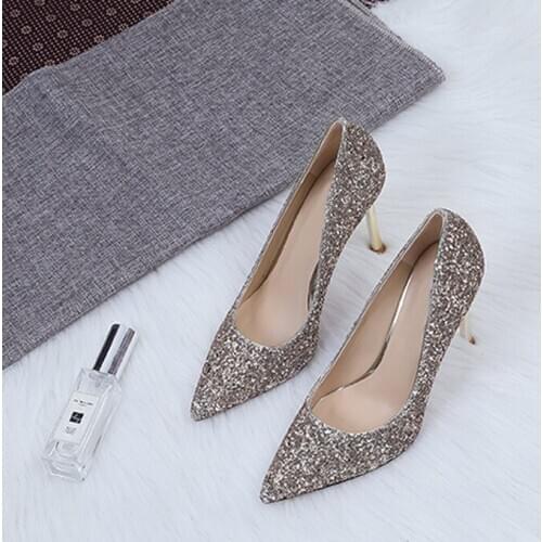 2021 Sexy Women Low 6cm 8cm High Heels Sandals Wedding Asakuchi Heels Sandals Stiletto Bridal Glitter Gold Pumps Size 33-42