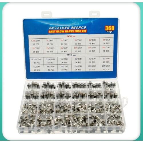 360Pcs Fast Blow Glass Fuses Assortment Kit 5x20mm 250V Fast-blow Glass Fuses 24 Values 0.2A 0.5A 1A 2A 3A 5A 6A 8A 10A 15A