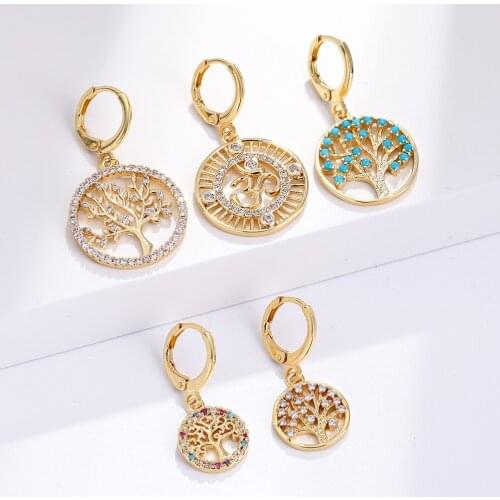 Tree Hoop Earrings for Women Plant Dangle Earrings Gold Geometric Ear Rings for Female Cubic Zircon CZ Party New Fashion Korean