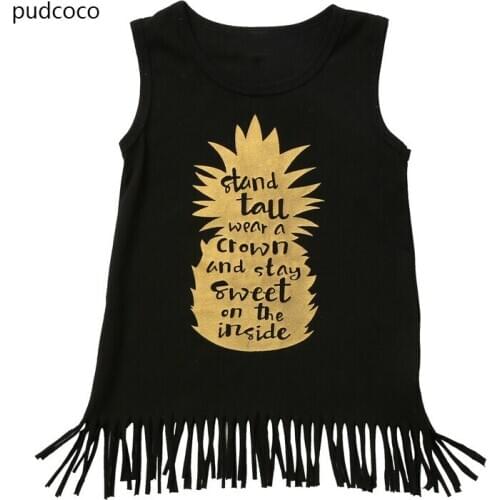 Cute Baby Kids Girls Summer Cotton Tassels Dresses Sleeveless Gold Pineapple Letters Print Dress Outfit Clothes 0-5Y