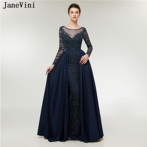 JaneVini Elegant Mermaid Dark Blue Long Bridesmaid Dresses with Train Scoop Neck Sweep Train Luxurious Beading Satin Prom Gowns