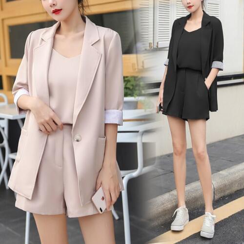 Suit suit female fashion casual jacket and suspender wide leg shorts 3piece set female summer dress new temperament elegant suit