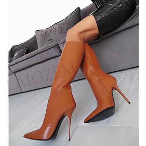 LAIGZEM Women High Heel Knee High Boots Stiletto Tall Boots Faux Leather Zip Shoes Woman Botines Mujer Larger Big Size 34-47