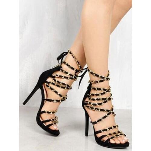 Summer New Fashion Women Open Toe Black Suede Chain Design Gladiator Sandals Strap Ankle Cross High Heel Sandals Dress Shoes