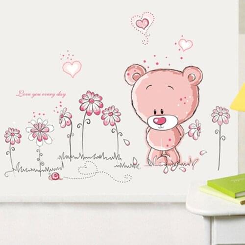 Cute Pink Animal Love Bear Flower Wall Stickers Baby Children Bedroom Room Decor Remove Wall Stickers