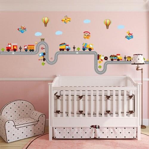Cartoon Car Highway Wall Stickers For Boys Girls Bedroom Kindergarten Background Decor Wall Decals PVC Removable Murals Posters