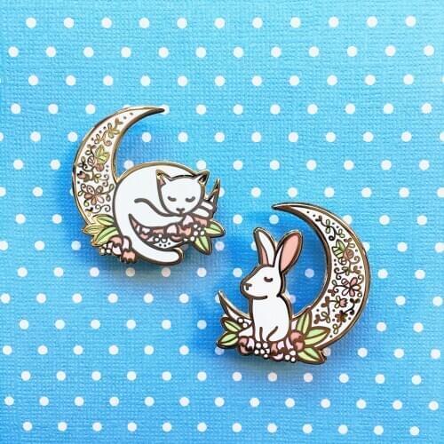 Moon Cat and Rabbit Hard Enamel Pin Set Cartoons Fashion Cat Pins Cute Beautiful Pastel Animal Bunny Gold Brooch Badge Jewelry