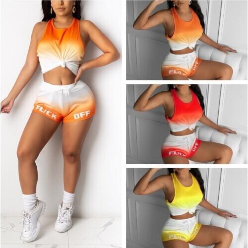 New Women Letter Top Gradient Color Vest Shorts Set Two-Piece Ladies Vest + Shorts Comfortable And Breathable