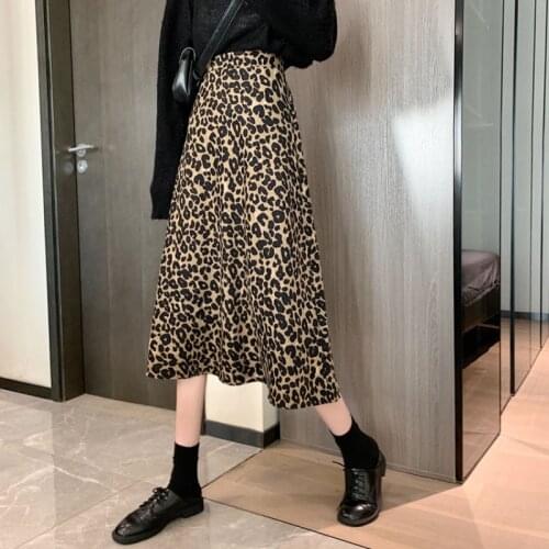 Spring 2021 new fashion retro leopard skirt mid-length skirt female high-waisted cross-a-line skirt long skirts for women
