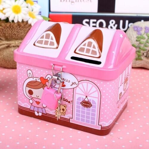 New Metal House Shape Pig Bank Coin Safe Storage Box Child Piggy Banks Key Lock Money Box Creative Children Festival Gift