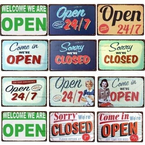 Open Closed Metal Tin Sign Bar Cafe Diner Garage Pub Home Wall Decoration Retro Coffee Metal Art Poster 30*20cm