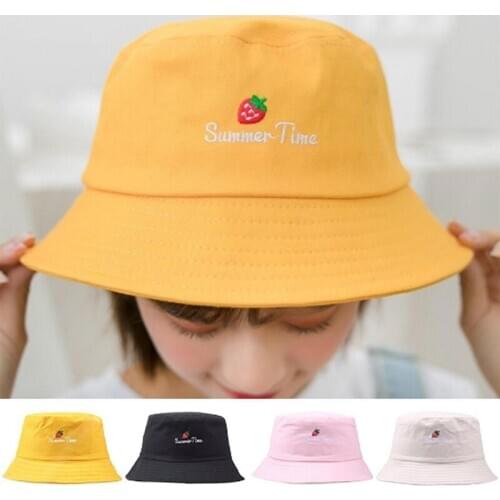 1PC Women Folding Letter Strawberry Embroidery Bucket Hat Summer Fishing Outdoor Cap