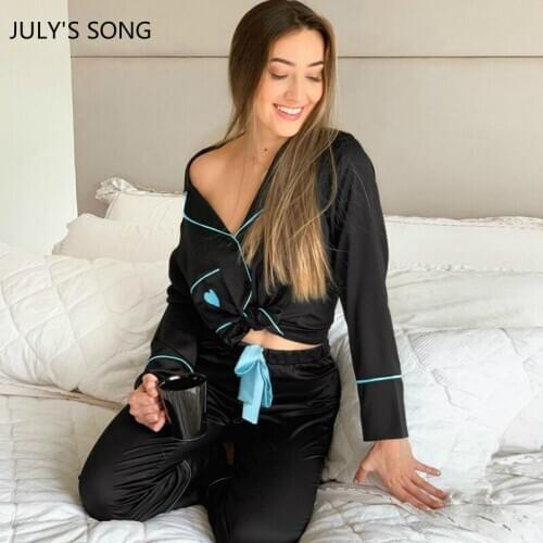JULYS SONG New 2 Pieces Woman Pajamas Sets Satin Silk Love Long Sleeve Embroidery Black Trousers Spring Autumn Sleepwear Sexy
