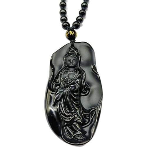 SHIYM Black Obsidian Buddha Necklace Pendant Guanyin Pendant Hand-Carved Lucky Amulet Pendant Mens Jewelry