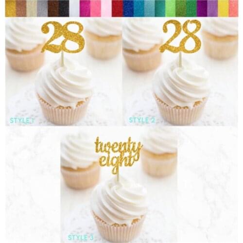 Custom Number 28 Glitter Cupcake Toppers,wenty Eight Food Picks, 28th Birthday Decorations, 28th Anniversary Party Decorations