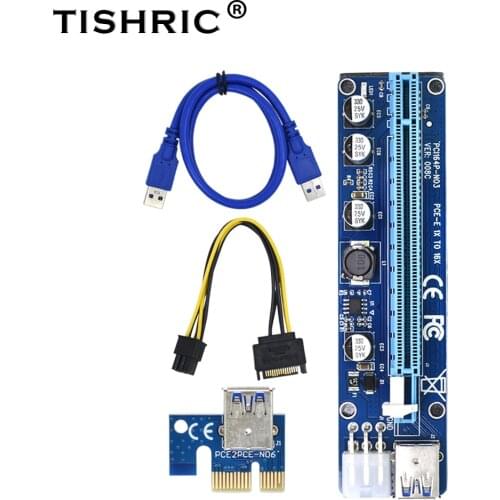 TISHRIC VER008C PCIE PCI-E Pci Riser Card Molex SATA To 6 Pin Express 1X to 16X Adapter USB 3.0 Cable Mining Bitcoin Miner