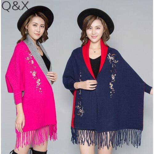 SC18 2018 Oversize Double Side Scarf Winter Cashmere Thick Poncho Women Appliqued Floral Female Long Sleeves Wrap Warm Shawl