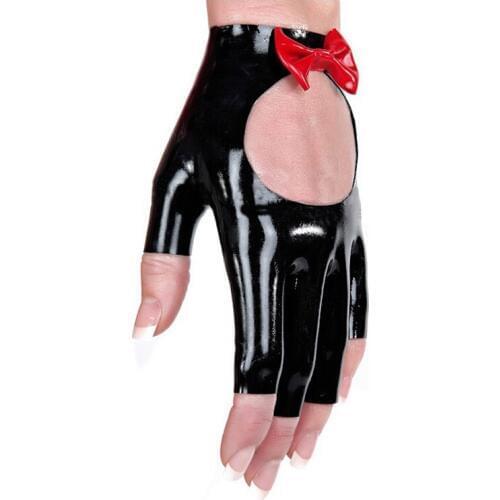 Sexy exotic lingerie outdoor club wear women men unisex handmade latex open hole half fingers short bow-knot gloves cekc zentai